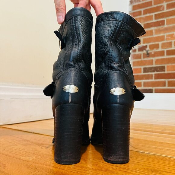 Jimmy Choo Dart Biker Black Leather Moto Combat Mid-Calf Buckle Bootie Size US 8 - Picture 14 of 16